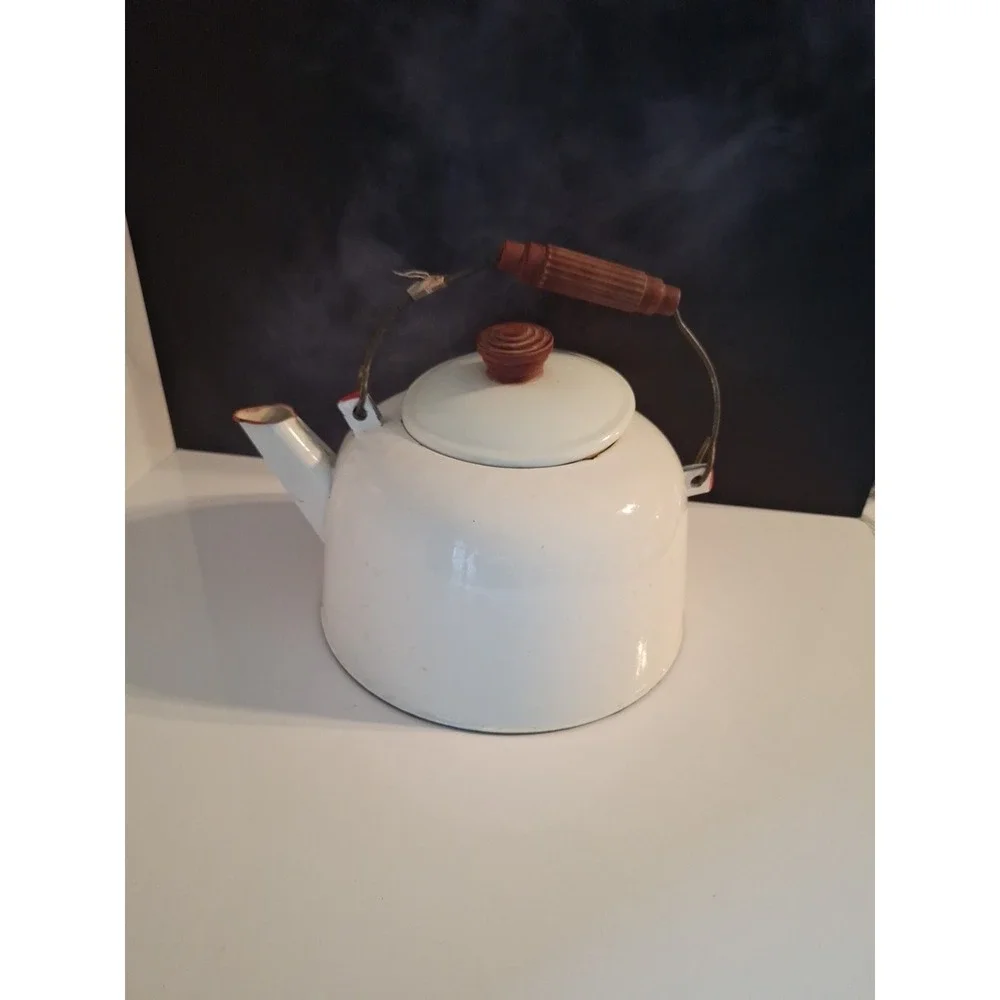 Vintage Antique 1960's Enamel Tea Pot White Red & Brown Trim Very Good Condition